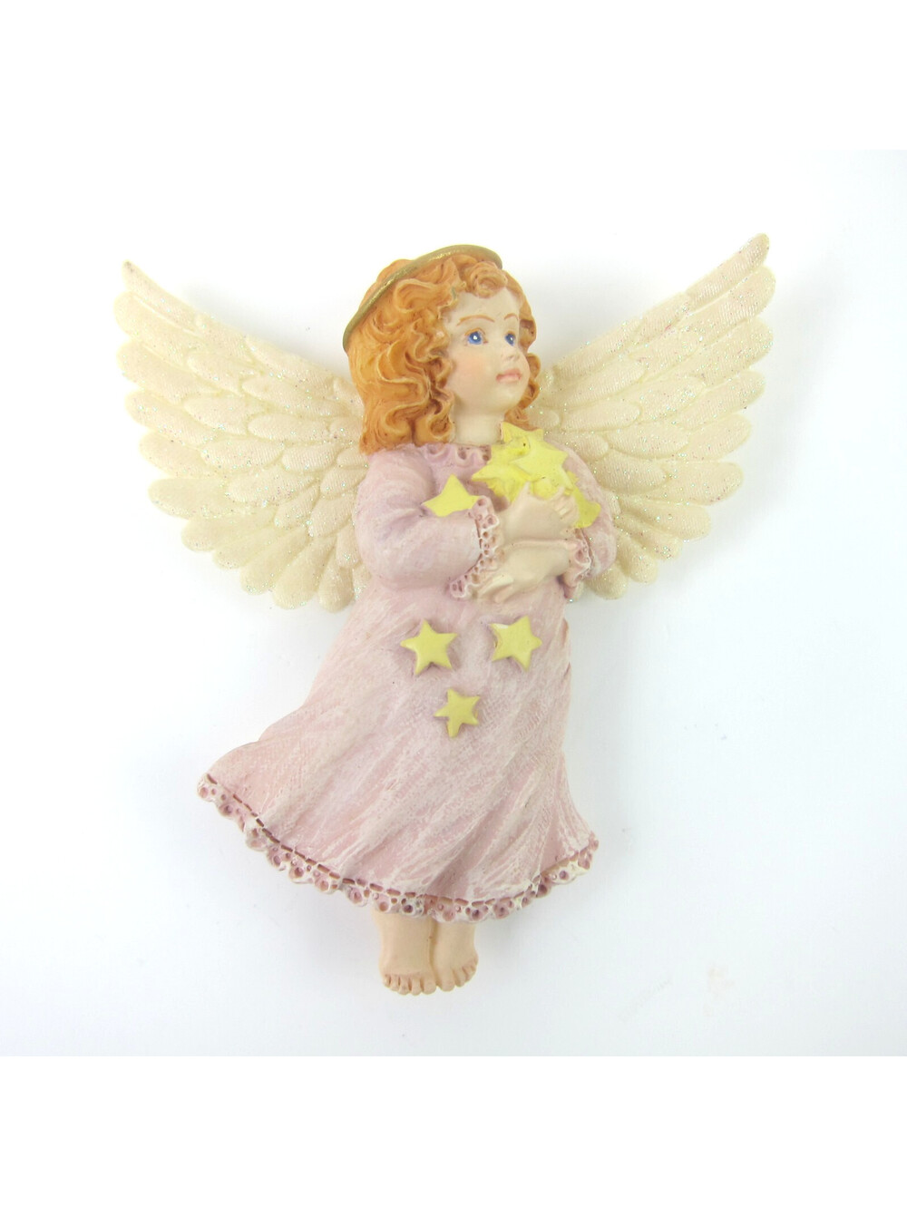 Vintage Angel Refrigerator Magnet 3.25" Resin Red Hair Halo Stars Sparkly Wings